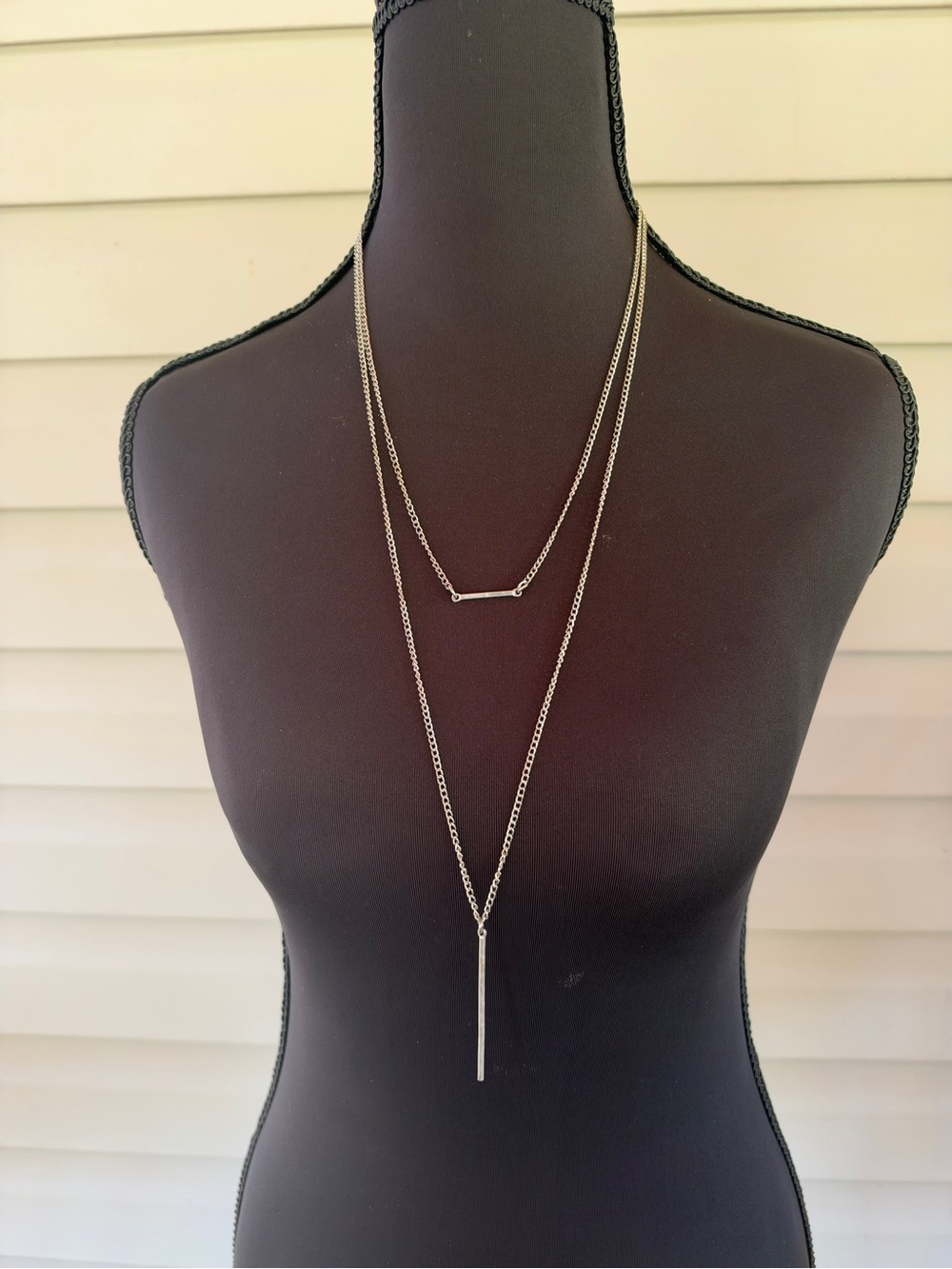 Cato Silver Layered Bar and Drop Necklace